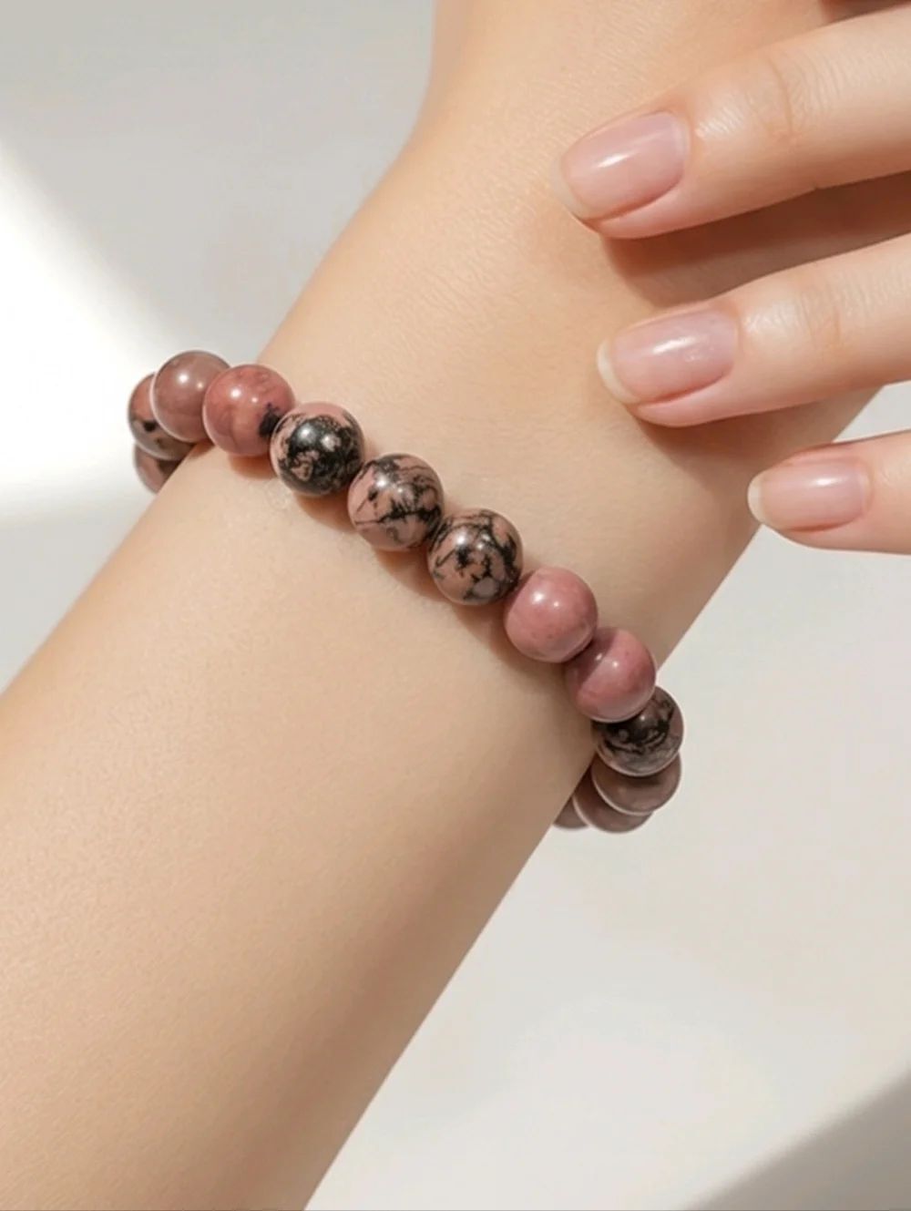 Pink Rhodonite Beaded Bracelet Natural Stone Healing Crystal Stretch Boho Girl